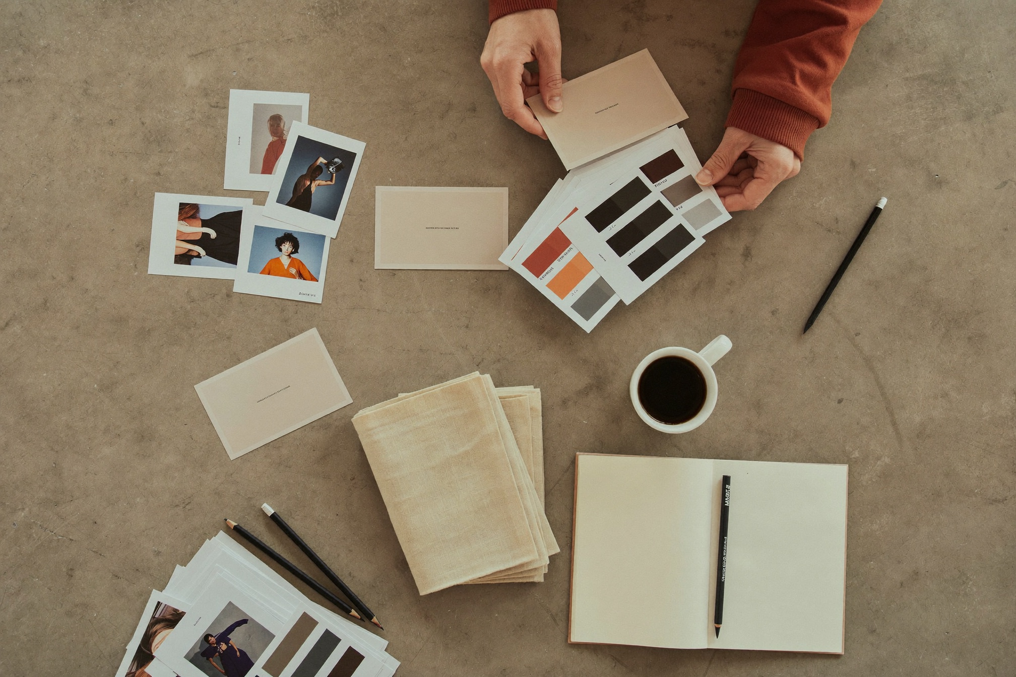 A brand direction working session — colour swatches, photo prints, fabric samples and notes laid out on a desk